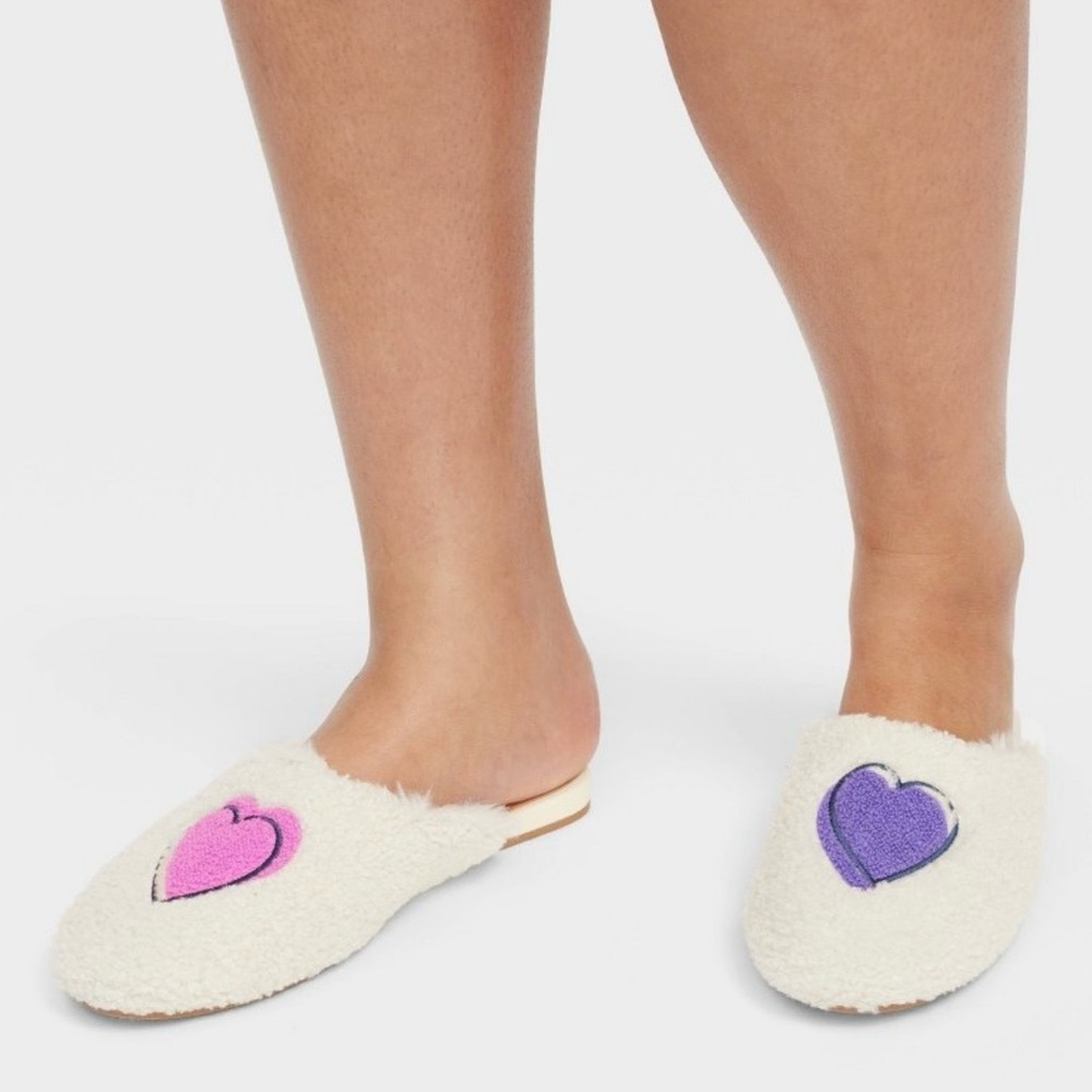 Roller Rabbit Cream Sherpa Slip-On Mules with Pink & Purple Heart Appliqués